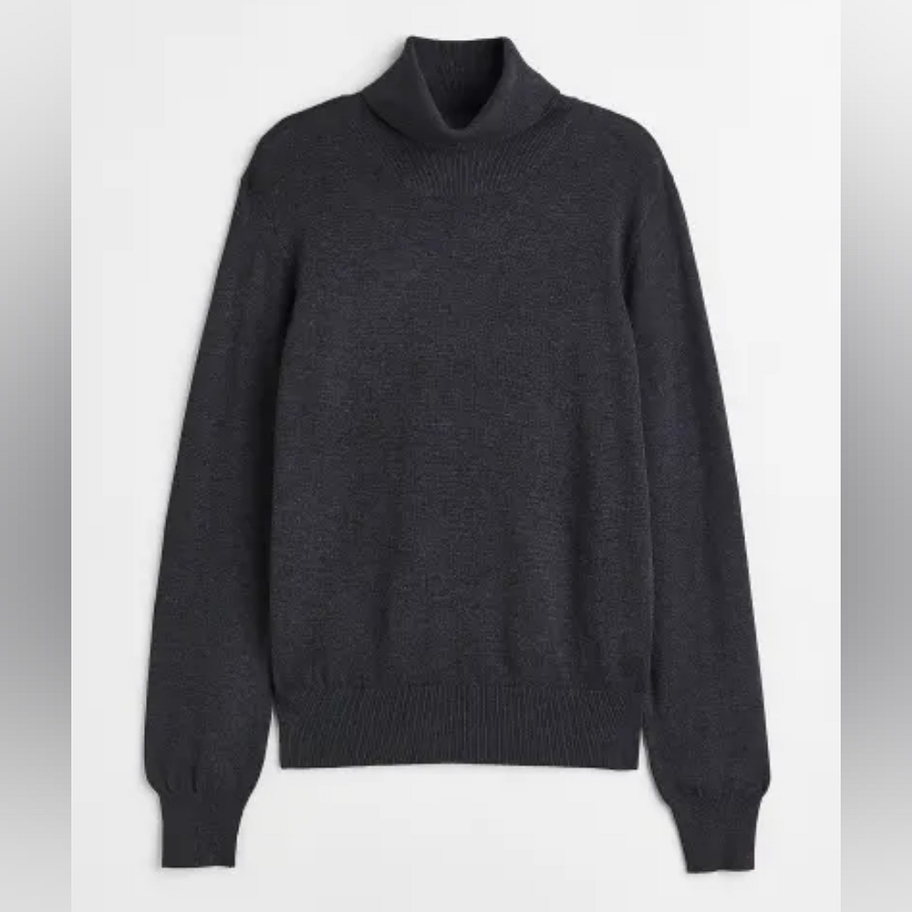 New! Fine Knit Turtleneck Ribbed Hem Sweater Dark Gray Melange